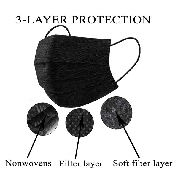 Individually Polybagged 3- Ply Disposable Face Mask, Black, Blank only
