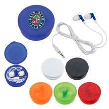 Earbuds In Round Plastic Case