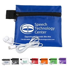 ZIPTUNE Mobile Tech Earbud Kit In Zipper Pack Components inserted into Polyester Zipper Kit