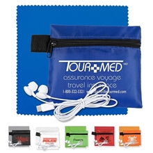 ZIPTUNE PLUS Mobile Tech Earbud Kit with Microfiber Cleaning Cloth In Zipper Pack Components inserted into Polyester zipper Kit