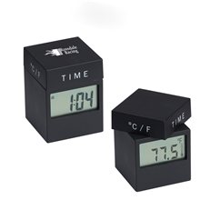 MoMA 4- in -1 Black Twist Clock w / Date, Time, Alarm, Temperature, Battery