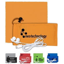 TUNEBOOM PLUS Mobile Tech Earbud Kit with Microfiber Cloth in Microfiber Cinch Pack Components inserted into Microfiber Kit