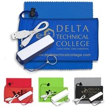 TECHBANK Mobile Tech Power Bank Accessory Kit in Microfiber Cinch Pack Components inserted into Microfiber Kit