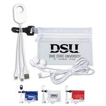 CAMBELL Mobile Tech Earbud and Charging Cables Kit In Translucent Carabiner Zipper Pouch
