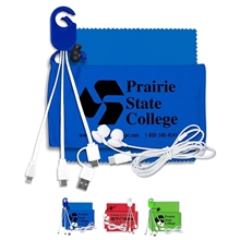 TECH TIME Mobile Tech Charging Kit with Earbuds and Charging Cable in Microfiber Cinch pack Components inserted into Microfiber Kit