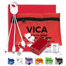 TECHTIME PLUS Mobile Tech Charging Kit with Earbuds, Charging Cable and Charger In Zipper Pack Components inserted into Polyester Zipper Kit