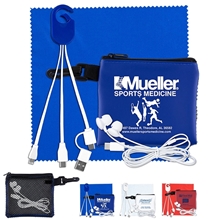 TECHMESH HANG TUNES Mobile Tech Charging Kit with Earbuds and Charging Cable in Mesh Zipper Pack Components inserted into Zipper Kit
