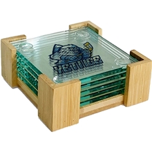 Square Glass Coasters 5 Piece Set with Wood Stand