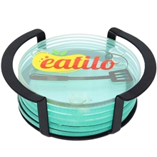 Round Glass Coasters 6 Piece Set in Metal Stand