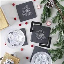 4 Pc. Square Slate Coaster Set with Black Metal Stand