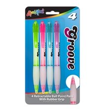 Set Of 4 Groove Retractable Ball Point Pens W / Rubber Grip