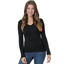 Bayside Ladies USA Made Long - Sleeve Deep V - Neck T - Shirt