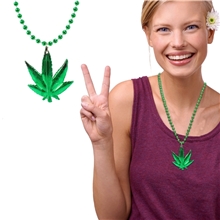 33 7MM Green Bead with Leaf Metallic Necklace