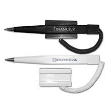 Financier Ball Point Pen with Coil Cord and Stick On Base - Blue Ink