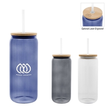 20 oz Ribbed Borosilicate Glass Can With Bamboo Lid