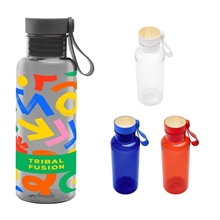 20 oz Full Color Cade rPET Bottle With Bamboo Accent Lid and Silicone Easy Carry Handle