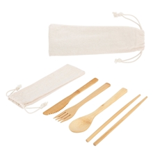 Bamboo Cutlery Set In Cotton Drawstring Pouch