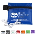 "ZIPTUNE" Mobile Tech Earbud Kit In Zipper Pack Components inserted into Polyester Zipper Kit