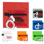 "ZIPTUNE PLUS" Mobile Tech Earbud Kit with Microfiber Cleaning Cloth In Zipper Pack Components inserted into Polyester zipper Kit