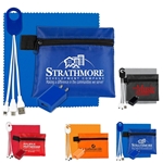 "TECHPACK PLUS" Tech Home and Travel Kit with Microfiber Cleaning Cloth, USB Wall Charger and Charging Cables in Polyester Zipper Pack Components inserted into Polyester Zipper Kit