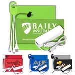 "CHARGEBANK" Mobile Tech Power Bank Accessory Kit with Charging Cables and Microfiber Cloth in Microfiber Cinch Pack Components inserted into Microfiber Kit