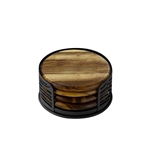 Acacia Wood Coaster: 4 Piece Round Set with Black Metal Stand