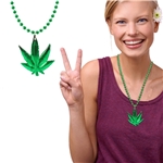 33" 7MM Green Bead with Leaf Metallic Necklace
